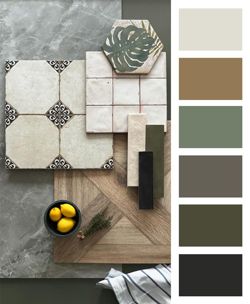 A sample mix of Bardiglio grey, antique jungle hexagon, Formentera Bianco, Porto vintage nero, Horsham oak, Winchester almond metro, Valencia verde metro, and Camden charcoal metro tiles